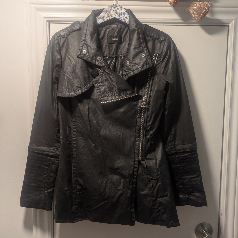 Rudsak Black PU Leather Jacket Women Size S Moto Zip Fitted Coat